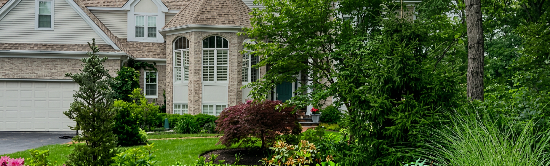 Front yard landscaping with manicured shrubs and trees
