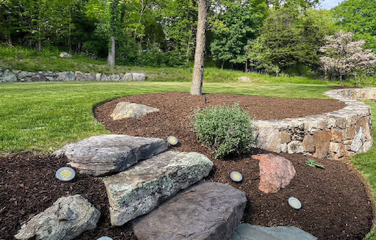 Stonework and freshly mulched landscape beds